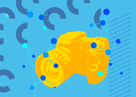 Blue and Yellow Camera, Photographic Equipment with geometrical graphic retro theme background....