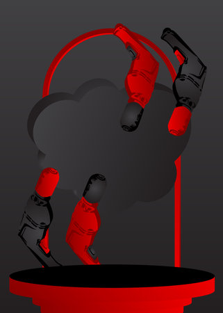 Black and red mock-up product display with drill. Vector cylinder pedestal podium. Power Tool Stage showcase for presentation. Minimal geometric forms.のイラスト素材