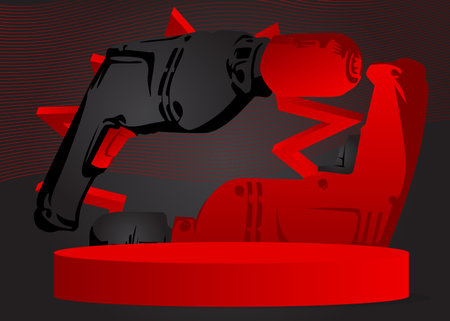 Black and red mock-up product display with drill. Vector cylinder pedestal podium. Power Tool Stage showcase for presentation. Minimal geometric forms.のイラスト素材