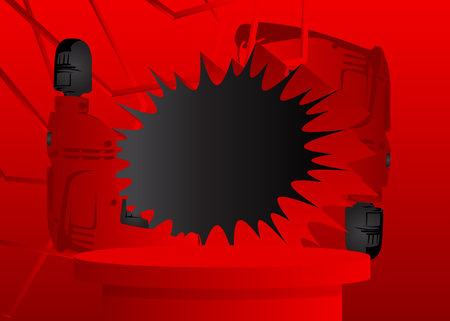 Black and red mock-up product display with drill. Vector cylinder pedestal podium. Power Tool Stage showcase for presentation. Minimal geometric forms.のイラスト素材