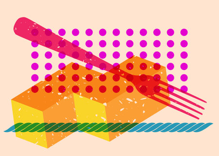 Risograph fork with geometric shapes. Objects in trendy riso graph print texture style design with geometry elements.のイラスト素材