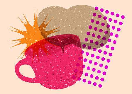 Risograph Coffee cup with speech bubble with geometric shapes. Objects in trendy riso graph print texture style design with geometry elements.のイラスト素材