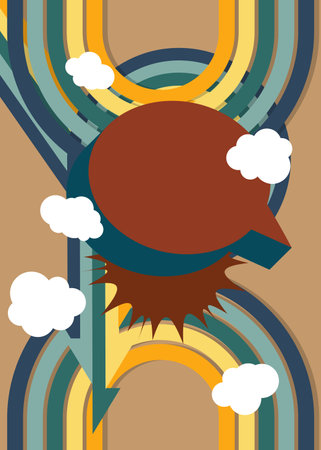 Retro 70s Background with speech bubble. Groovy Message sign, 1970s art template. Minimalistic Vintage design poster. Old-fashioned color artwork.のイラスト素材