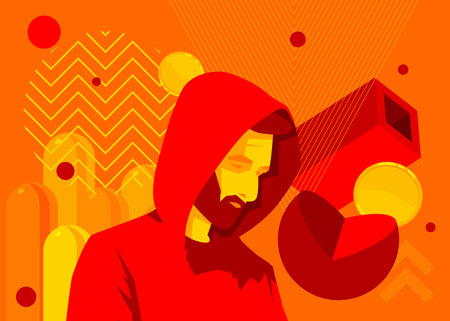 Man with geometrical graphic retro theme background. Minimal geometric elements. Vintage abstract shapes vector illustration.のイラスト素材