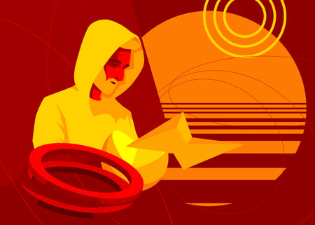 Man with geometrical graphic retro theme background. Minimal geometric elements. Vintage abstract shapes vector illustration.のイラスト素材