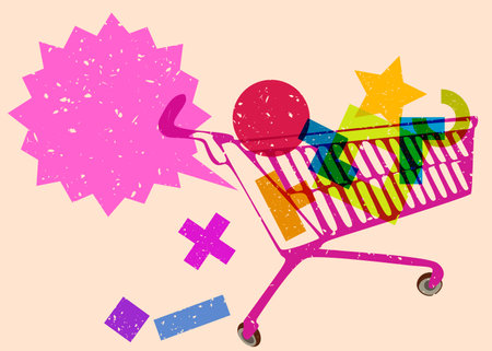 Risograph Shopping cart with speech bubble with geometric shapes. Objects in trendy riso graph print texture style design with geometry elements.のイラスト素材