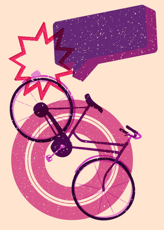 Risograph bicycle with speech bubble with geometric shapes. Objects in trendy riso graph print texture style design with geometry elements.のイラスト素材