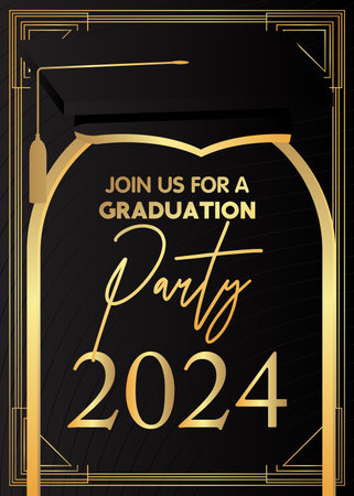 Black and gold class of 2024 Graduation design template. Vintage party invitation, congratulation event, greeting card. Vector high school or college graduate poster with retro art deco elements.のイラスト素材