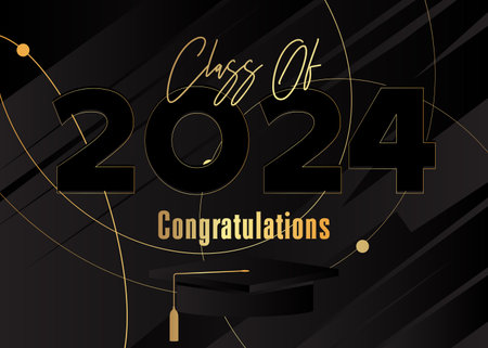 Black and gold class of 2024 Graduation design template. Vintage party invitation, congratulation event, greeting card. Vector high school or college graduate poster with retro art deco elements.のイラスト素材