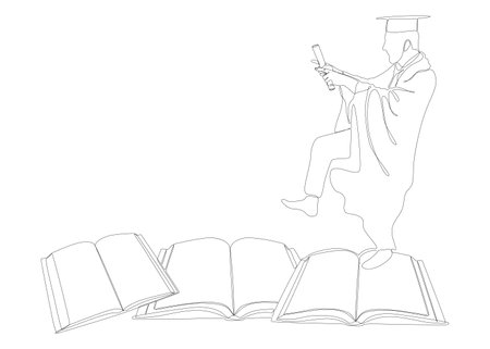 One continuous line of Book with college graduate, university student graduation. Thin Line Illustration vector concept. Contour Drawing Creative ideas.のイラスト素材