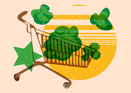 Risograph Shopping Cart with geometric shapes. Objects in trendy riso graph print texture style design with geometry elements.のイラスト素材