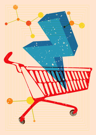 Risograph Shopping Cart with geometric shapes. Objects in trendy riso graph print texture style design with geometry elements.のイラスト素材