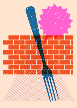 Risograph fork with speech bubble with geometric shapes. Objects in trendy riso graph print texture style design with geometry elements.のイラスト素材