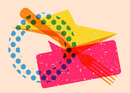 Risograph fork with speech bubble with geometric shapes. Objects in trendy riso graph print texture style design with geometry elements.のイラスト素材
