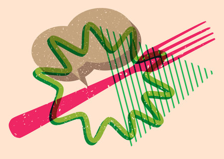 Risograph fork with speech bubble with geometric shapes. Objects in trendy riso graph print texture style design with geometry elements.のイラスト素材