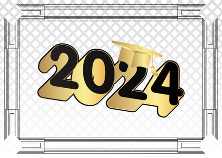 Black and gold class of 2024 Graduation design template on white. Vintage party invitation, congratulation event, greeting card. Vector high school or college graduate poster with retro art deco elements.のイラスト素材
