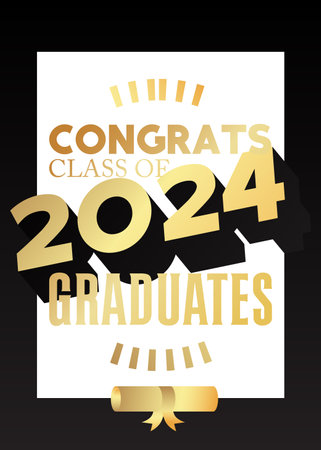 Black and gold class of 2024 Graduation design template on white. Vintage party invitation, congratulation event, greeting card. Vector high school or college graduate poster with retro art deco elements.のイラスト素材