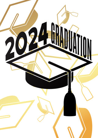 Black and gold class of 2024 Graduation design template on white. Vintage party invitation, congratulation event, greeting card. Vector high school or college graduate poster with retro art deco elements.のイラスト素材