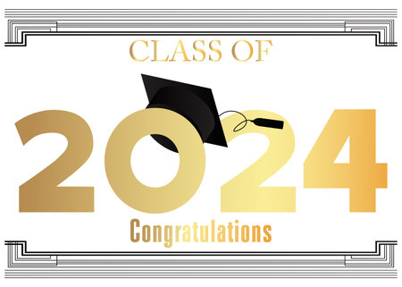 Black and gold class of 2024 Graduation design template on white. Vintage party invitation, congratulation event, greeting card. Vector high school or college graduate poster with retro art deco elements.のイラスト素材
