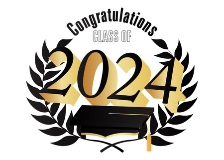 Black and gold class of 2024 Graduation design template on white. Vintage party invitation, congratulation event, greeting card. Vector high school or college graduate poster with retro art deco elements.のイラスト素材
