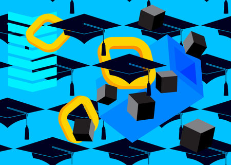 Yellow black and blue Graduation Cap, mortar board with geometrical graphic retro theme background. Vintage shapes vector illustration.のイラスト素材