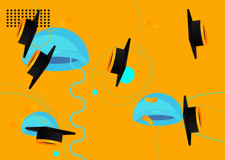 Yellow black and blue Graduation Cap, mortar board with geometrical graphic retro theme background. Vintage shapes vector illustration.のイラスト素材