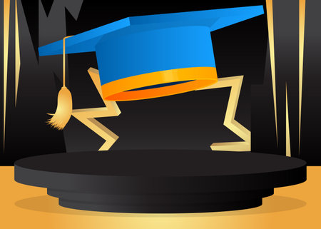 Mockup product display with Mortarboard. Vector Blue, Black and Gold cylinder pedestal podium. Stage showcase for presentation. Minimal geometric forms.のイラスト素材