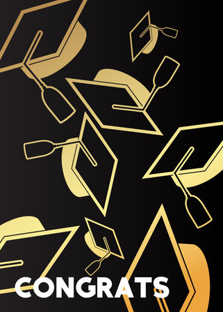 Black and gold Graduation design template. Vintage party invitation, congratulation event, greeting card. Vector high school or college graduate poster.のイラスト素材
