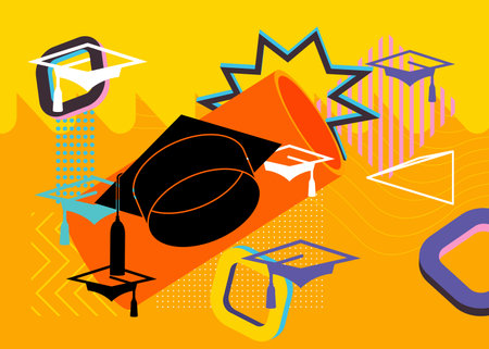 Graduation Cap, mortar board with geometrical graphic retro theme background. Minimal geometric elements. Vintage abstract shapes vector illustration.のイラスト素材