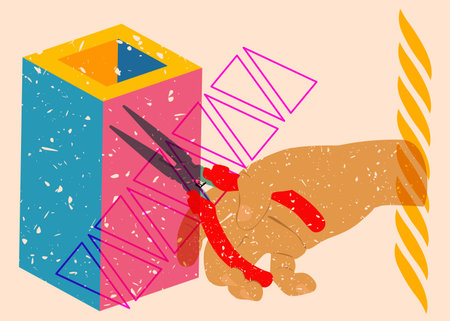 Risograph Pliers, Tongs with geometric shapes. Objects in trendy riso graph print texture style...
