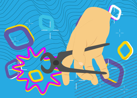 Pliers in hand geometrical graphic retro theme background. Minimal geometric elements. Vintage abstract shapes vector illustration.のイラスト素材