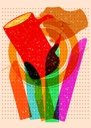 Risograph Beer in hand with geometric shapes. Objects in trendy riso graph print texture style design with geometry elements.のイラスト素材