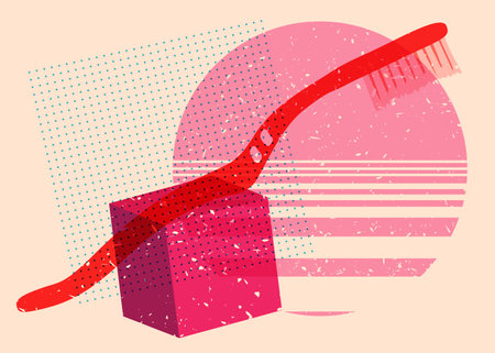 Risograph Toothbrush with geometric shapes. Objects in trendy riso graph print texture style design with geometry elements.のイラスト素材