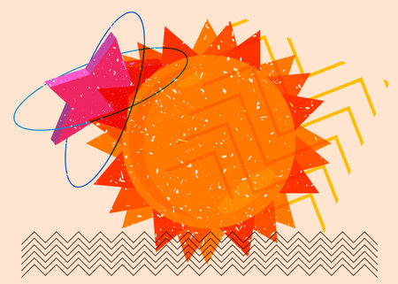 Risograph Summer Sun with geometric shapes. Objects in trendy riso graph print texture style design with geometry elements.のイラスト素材