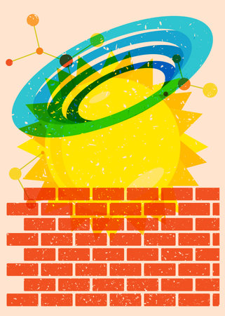 Risograph Summer Sun with geometric shapes. Objects in trendy riso graph print texture style design with geometry elements.のイラスト素材