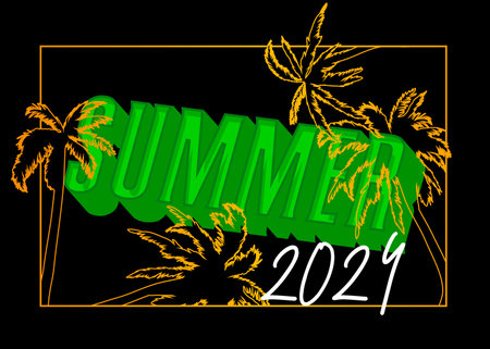 Summer sign with palm tree and 2024 number. Minimal abstract vector illustration.のイラスト素材
