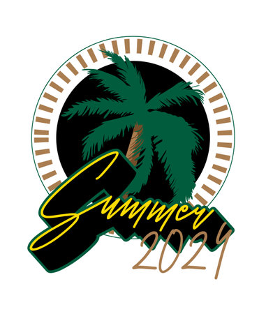 Summer sign with palm tree and 2024 number. Minimal abstract vector illustration.のイラスト素材