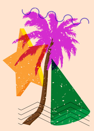 Risograph Palm Tree with geometric shapes. Objects in trendy riso graph print texture style design with geometry elements.のイラスト素材