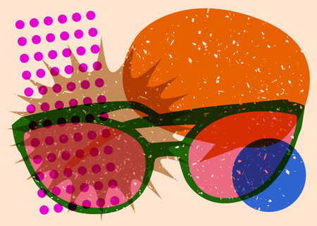 Risograph Sunglasses with speech bubble with geometric shapes. Objects in trendy riso graph print texture style design with geometry elements.のイラスト素材