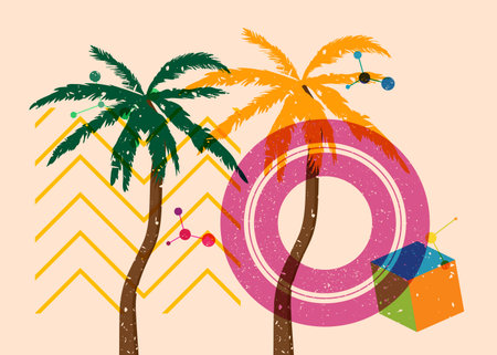 Risograph Palm Trees with geometric shapes. Objects in trendy riso graph print texture style design with geometry elements.のイラスト素材