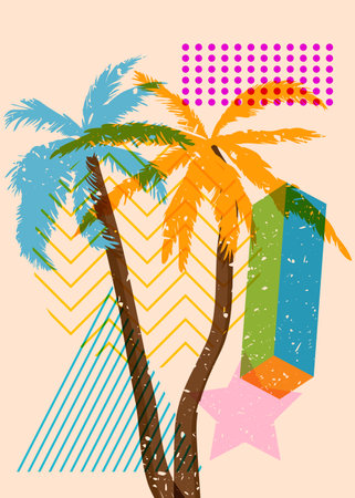 Risograph Palm Trees with geometric shapes. Objects in trendy riso graph print texture style design with geometry elements.のイラスト素材