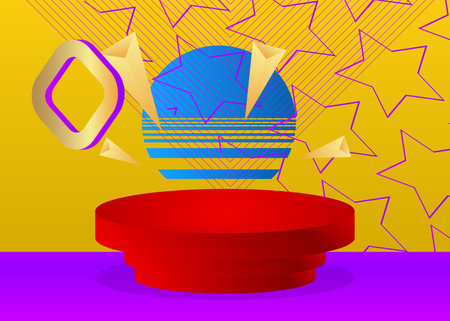 Multicolored mockup product display. Vector cylinder pedestal podium. Stage showcase for presentation. Futuristic Sci-fi minimal geometric forms, empty scene.のイラスト素材