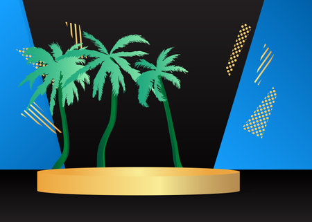 Mockup product display with Palm Tree. Vector cylinder pedestal podium. Stage showcase for presentation. Minimal geometric forms.のイラスト素材