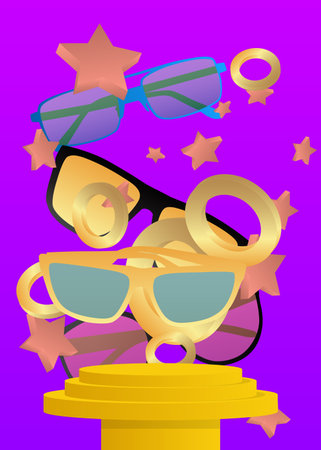 Mockup product display with Sunglasses. Vector cylinder pedestal podium. Stage showcase for presentation. Minimal geometric forms.のイラスト素材