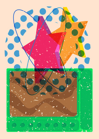 Risograph Television with geometric shapes. Objects in trendy riso graph print texture style design with geometry elements.のイラスト素材
