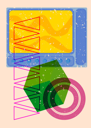 Risograph Television with geometric shapes. Objects in trendy riso graph print texture style design with geometry elements.のイラスト素材