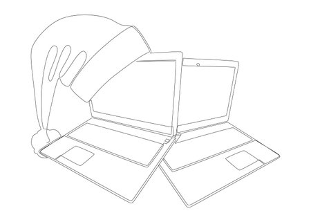 One continuous line of Laptop with Santa Claus Hat. Thin Line Illustration vector concept. Contour Drawing Creative ideas.のイラスト素材