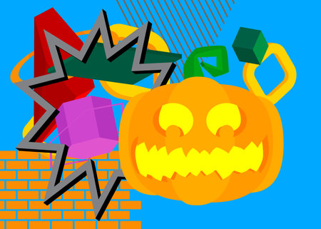 Halloween Jack O'Lantern geometrical graphic retro theme background. Minimal geometric elements. Vintage abstract shapes and Pumpkin vector illustration.のイラスト素材
