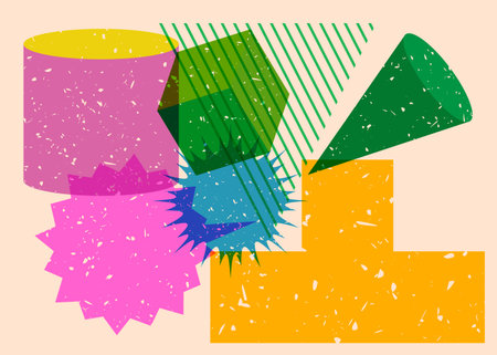 Risograph Speech Bubble with geometric shapes. Objects in trendy riso graph print texture style...