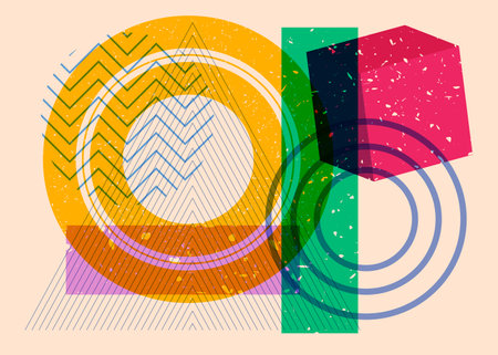 Artistic object in trendy riso graph design. Colorful geometric shapes. Geometry elements abstract risograph print texture style.のイラスト素材